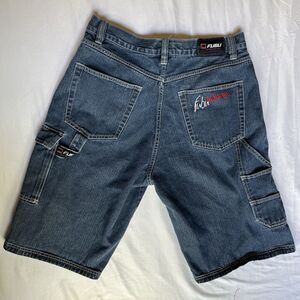 VTG Fubu Shorts Mens 36 Blue Denim Embroidered Carpenter Workwear Baggy Y2K